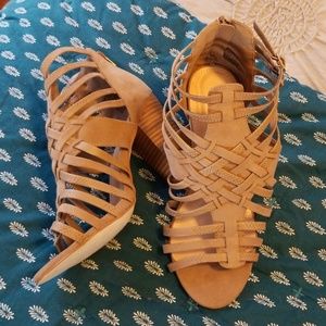 Stacked heel cage sandals